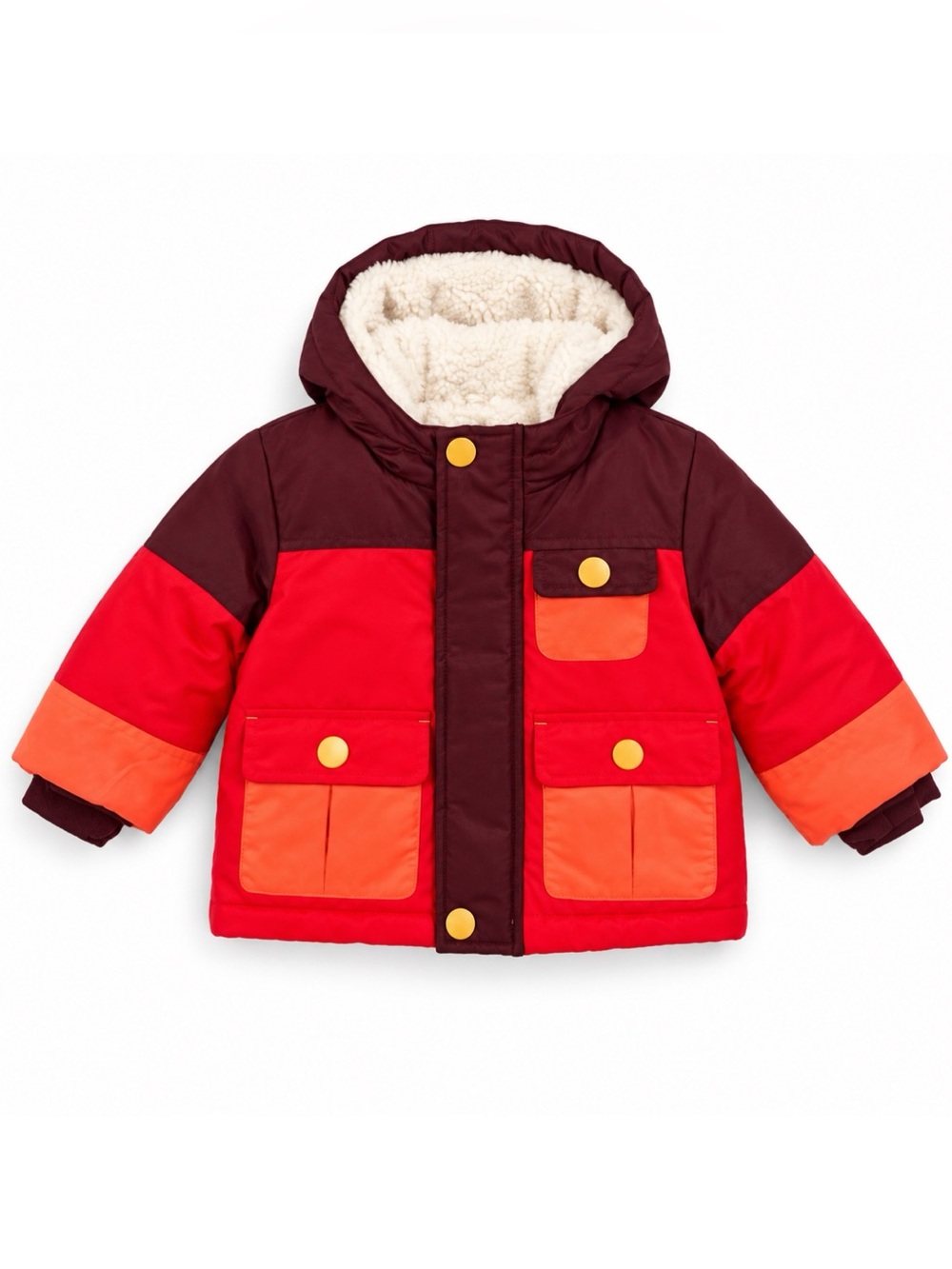 Cat & Jack Red & Orange Colorblock Faux Fur Lined Hooded Winter Coat Size 12M